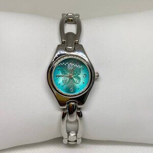 Women butterfly dial watch silver tone 22mm round case quartz adjustable running